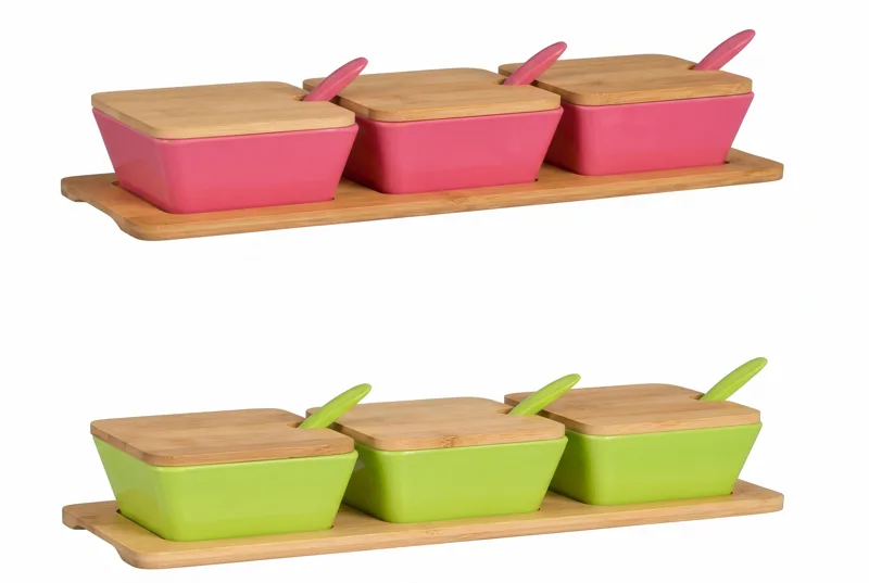 Set of 3 square condiment bowls with tray