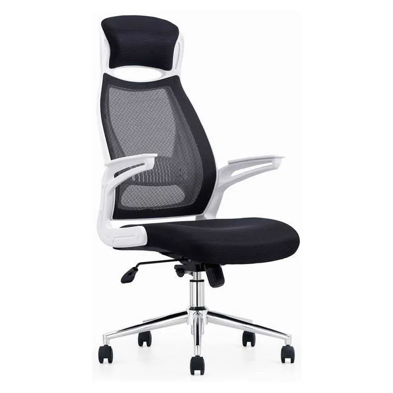 High-back mesh office chair with headrest, white frame