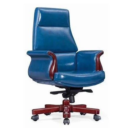 High-back executive chair with wood armrest trim and wood base
