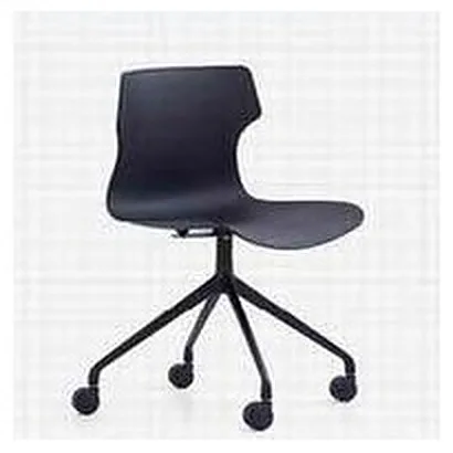 Black plastic shell chair on castors with cut-out waist backrest