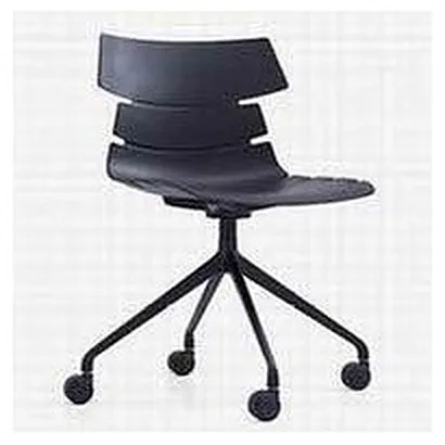 Black plastic shell chair on castors with slatted three-band backrest