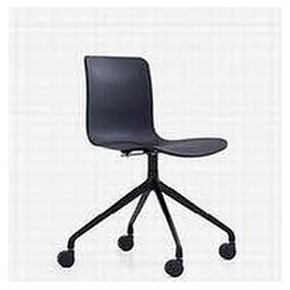 Black plastic shell chair on castors with plain backrest