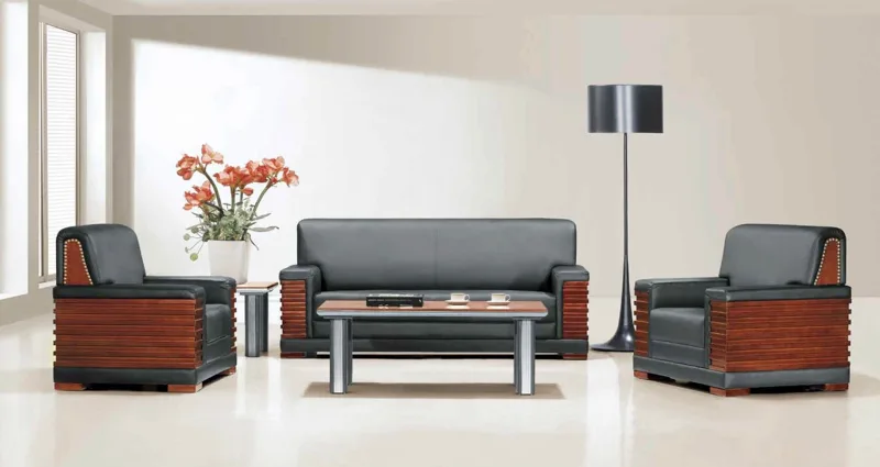 Office sofa set 1+1+3 in black with slatted wood sides