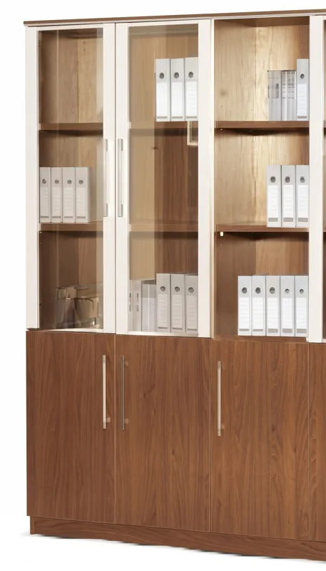 Three-door bookcase with glass doors, walnut