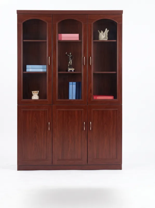 Three-door bookcase with arched glass doors, mahogany