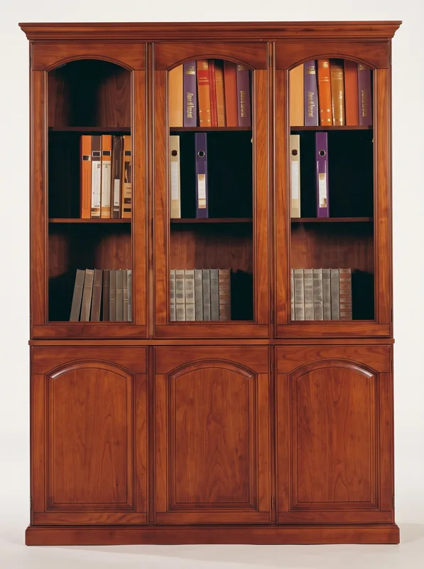 3-door wooden bookcase with glass doors