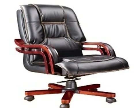 Executive swivel chair, black leather, wood arms