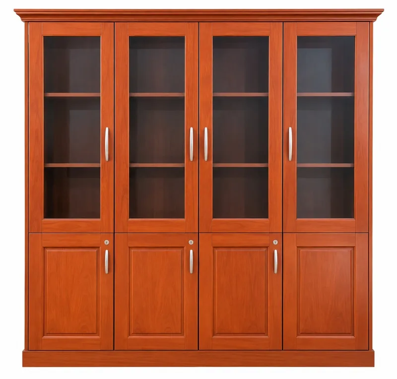 Wood veneer bookcase 2.0 m with glass doors