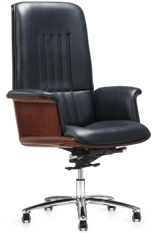 High-back executive chair with wood shell