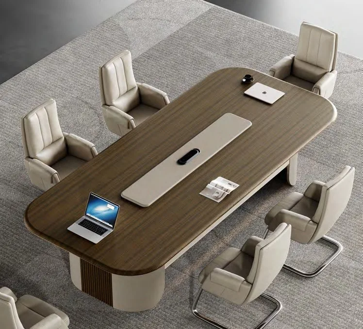 Meeting table with rounded ends, walnut top