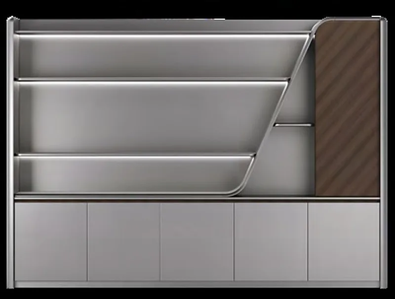 Lit bookcase wall unit with lower cupboards