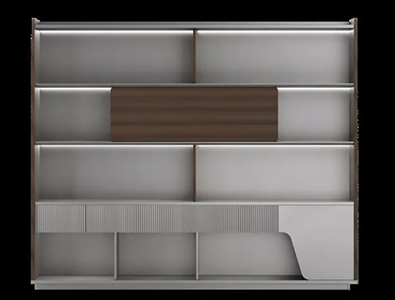Lit bookcase wall unit, silver grey and walnut