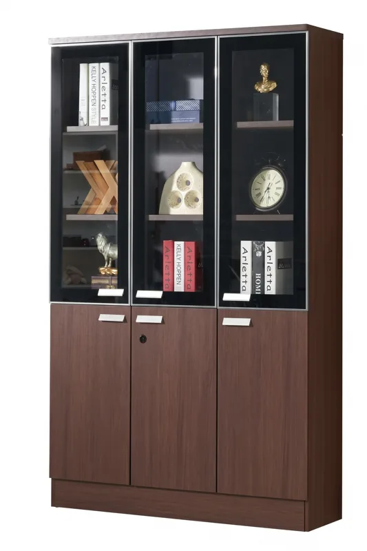 Three-door bookcase with glass doors 1.2 m